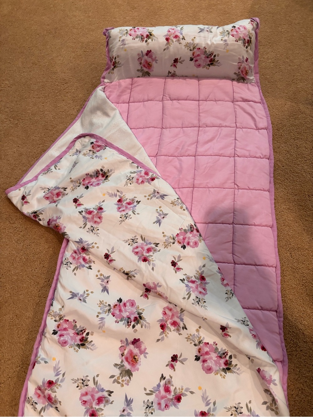 Moonsea Pink Quilted Nap Mat with Floral Pillow